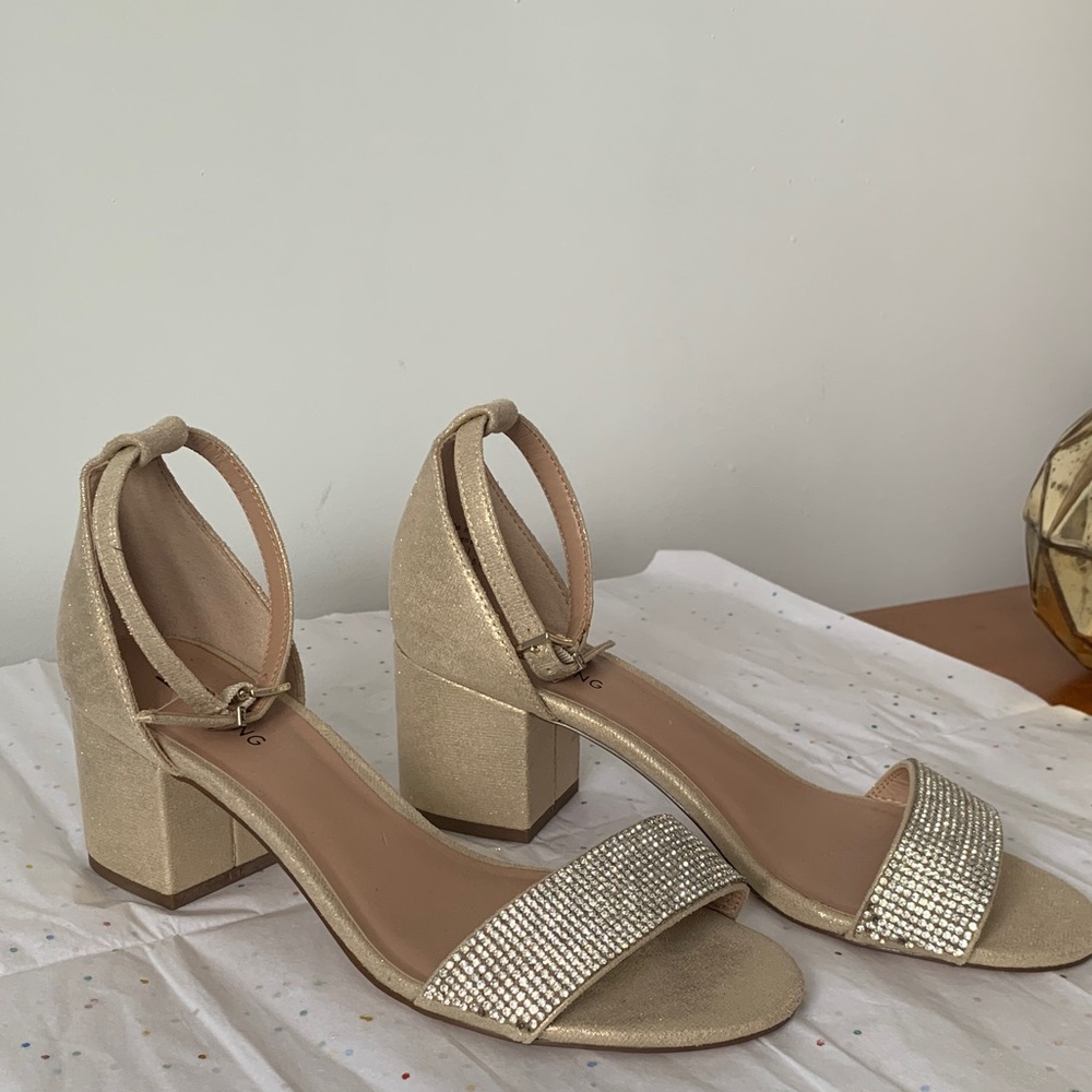 Call It Spring Beige and Gold Block Heels